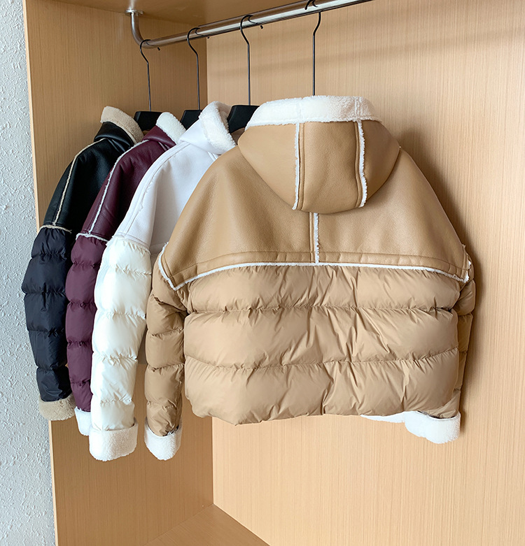 Giacca corta europea in piumino per donna stile corto cuciture colore a contrasto pelle PU leggera lusso alta qualità maglione largo 2024 nuovo inverno_voghion.com