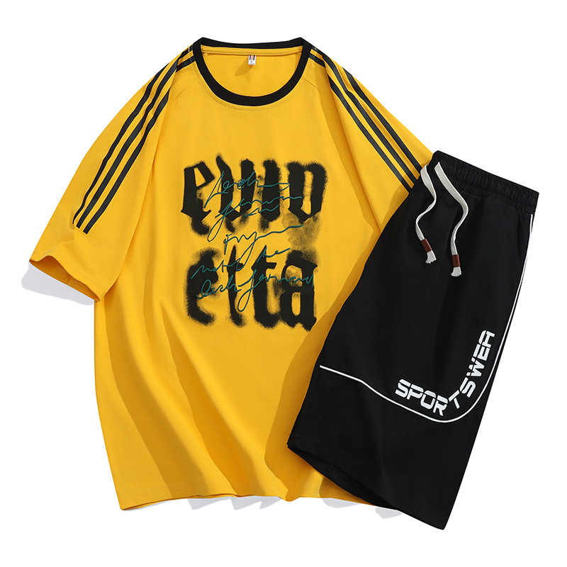 2025 verano nuevo estilo simple traje casual suelto para hombres y adolescentes pantalones cortos de manga corta tendencia de moda hermosa impresión