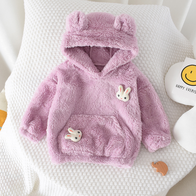 Children's hooded jacket, autumn and winter baby plush sweater, girls' outdoor top, cotton sweater, new 2023