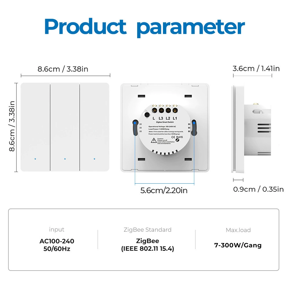 Настенный умный выключатель, Tuya Zigbee 3.0, ABS‑пластик, 1–3‑модульный (EU), 10 А, 7–300 Вт