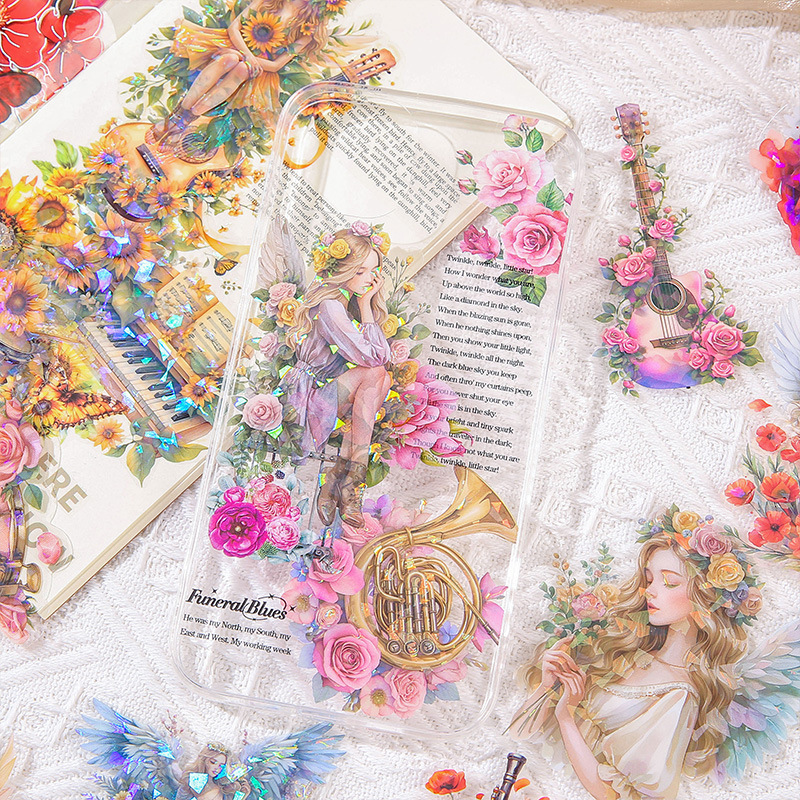 Melodía brotes de aceite láser transparente pegatinas de mascotas impermeables bolsas diy diario material decorado pegatinas de chicas