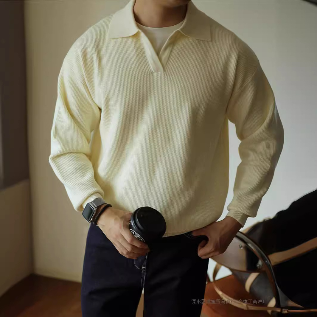 Light mature V-neck sweater pullover sweater lapel heavy warm men's POLO long sleeve American autumn and winter sweater