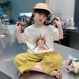 女童夏装短袖体恤七分裤两件套2025新款中大童韩版洋气卡通套装潮