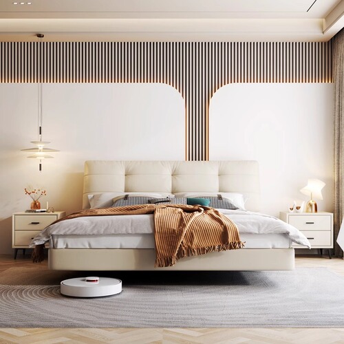 Floating leather bed Italian minimalist top layer cowhide bedroom Double smart bed Master bedroom Queen bed Down soft package Wedding bed