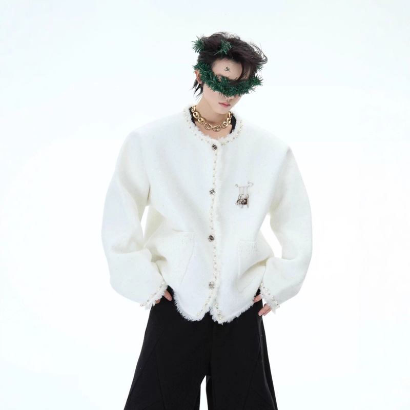 Ue Culture Winter Christmas Niche Pearl Embellished Sweater Pin Noble Accessible Luxury Knitted Jacket Hip-Hop