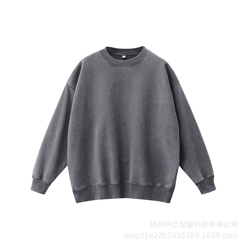 400g distressed brushed round neck dark gray