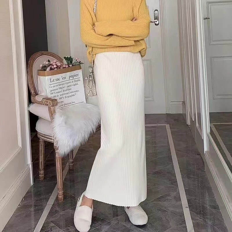 99cm Super High Waist Knitted Skirt Autumn and Winter Women's High Waist Slimming Straight One-Step Skirt Hip Thickened Mid-Length Skirt