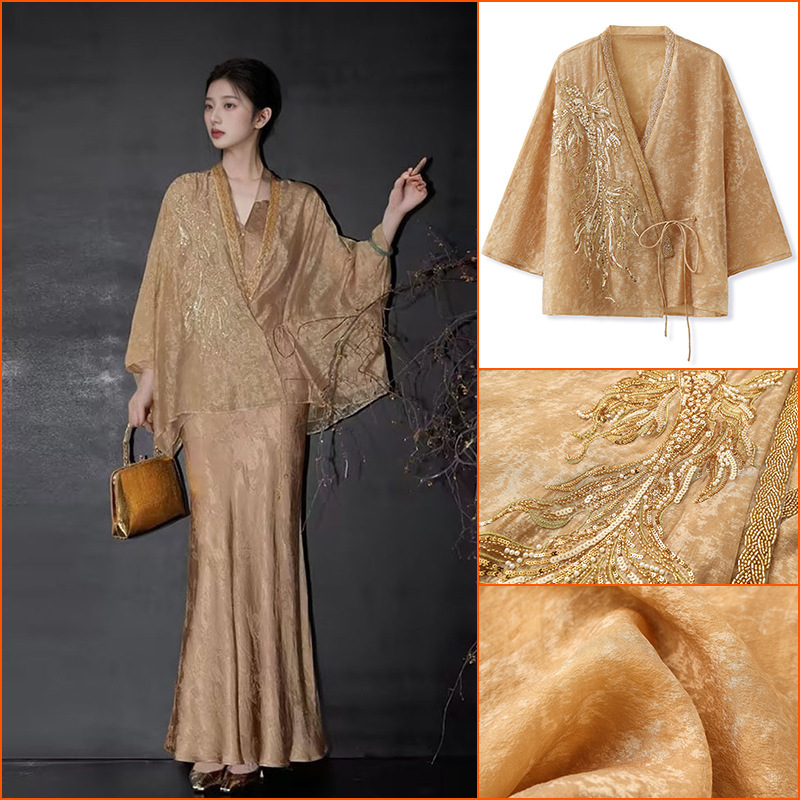National Style New Chinese Style 2026 New Embroidered Beaded Gold Silk Shirt for Women, High-End Light Luxury Loose Top M5061
