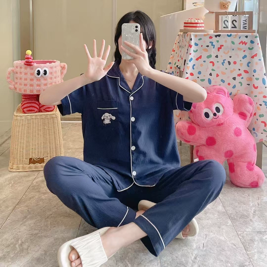 Сплошной цвет вышитой пижамы женские облака из хлопка с короткими рукавами брюки из двух частей мультфильм милый студент повседневная домашняя одежда