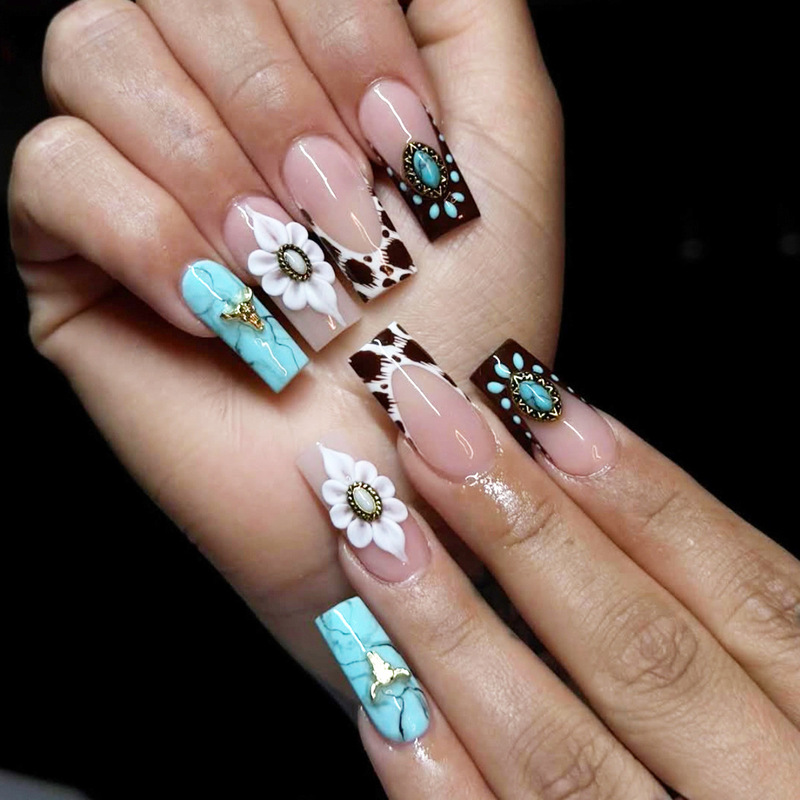European and American Style Medium-Length Water Pipe French Cow Pattern French Edge Turquoise Accessories Decorative Detachable Fake Nail Patches European and American Style Medium-Length Water Pipe French Cow Pattern French Edge Turquoise Accessories Decorative Detachable Fake Nail Patches