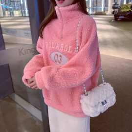 秋冬仿羊羔毛绒半高领加绒加厚卫衣女ins刺绣宽松大码保暖上衣潮