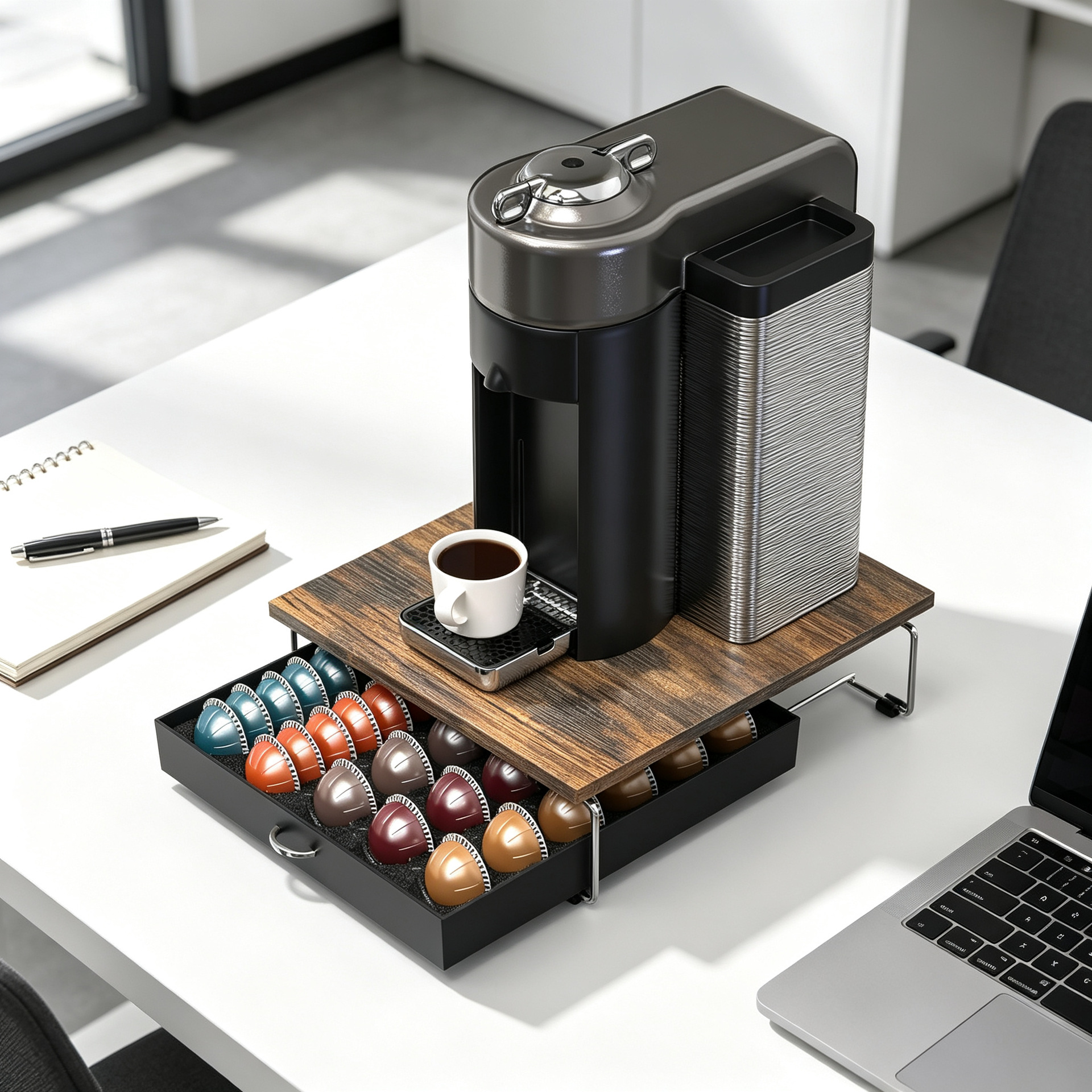 Soporte de cápsulas de café con cajón deslizante, organizador de almacenamiento de escritorio, estante de almacenamiento de escritorio, base retro, marrón