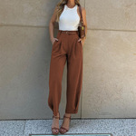 FD1541现货2025欧美新款女装跨境时尚纯色高腰宽松束脚西装长裤