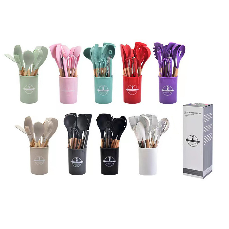 Mango de madera de silicona conjunto de cocina de doce piezas conjunto de barril de almacenamiento de silicona no pegajoso 12 anti-escaldado nuevo estilo chino