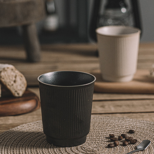 美式复古风竖纹无把杯咖啡杯创意陶瓷茶杯家用简约水杯品茗杯微瑕