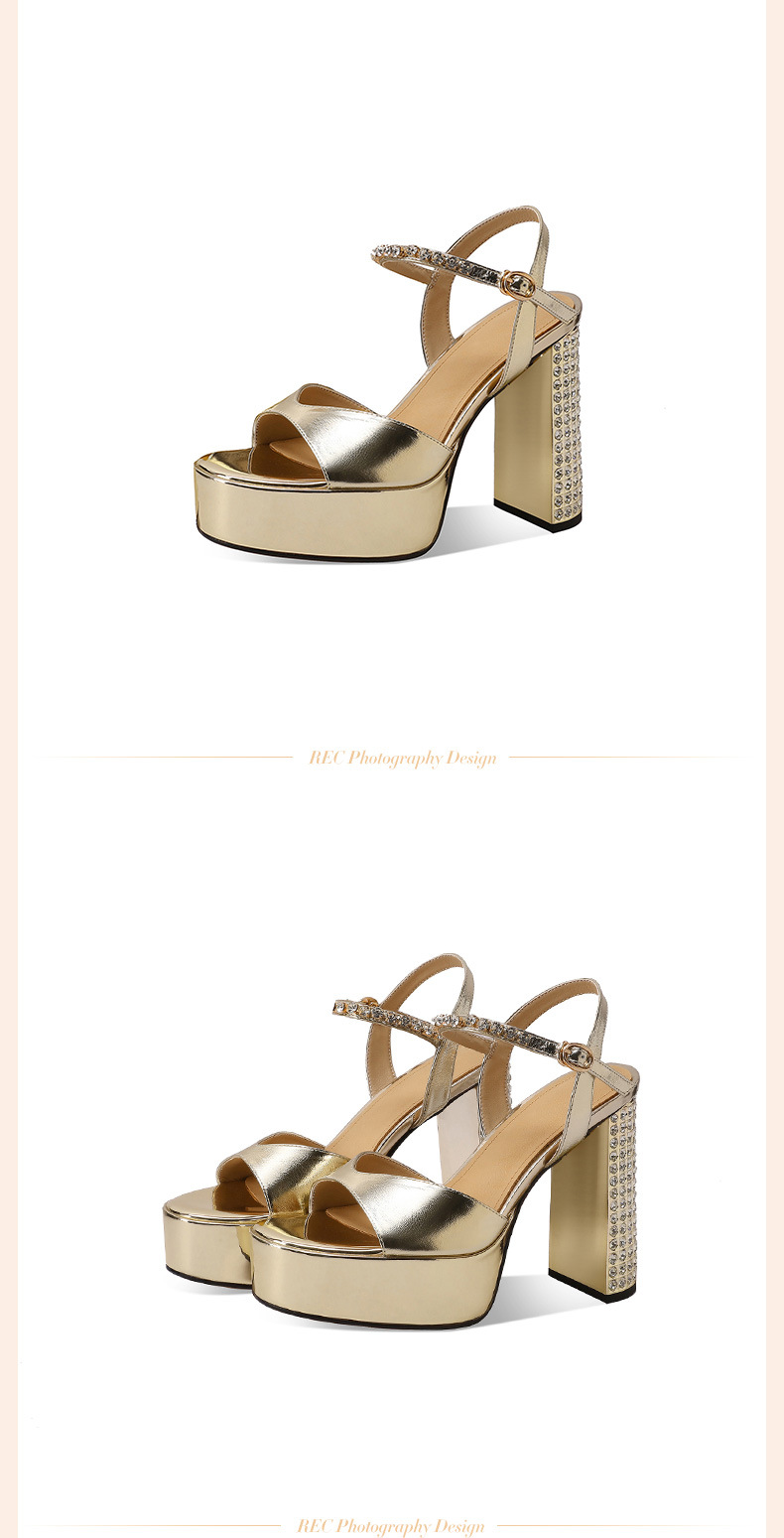 Sandal cao gót nữ quai ngang đính đá gót vuông platform hở mũi — đen chi tiết 6