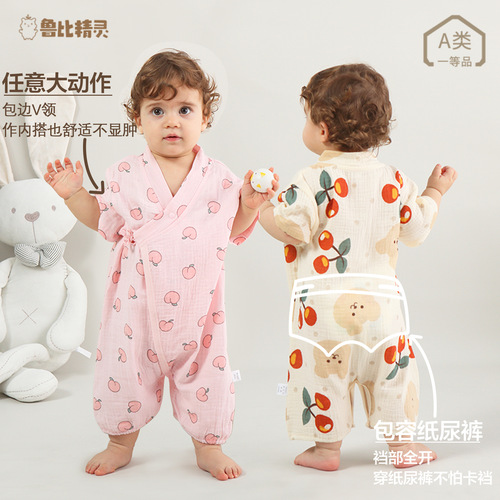Baby summer short-sleeved cotton type A one-piece clothes thin gauze cotton bag fart clothes newborn baby monk clothes