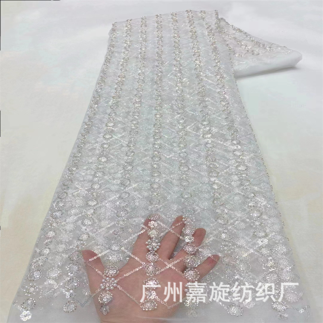 Fabricado de boda pesado francés bordado sequinilla tubo de perlas bordado tela de sequillas bridales tela JX4174