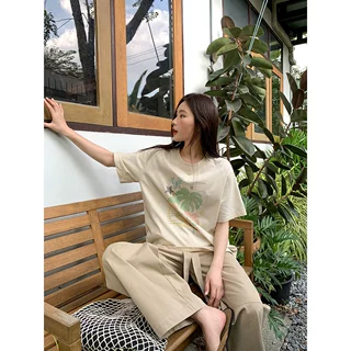 原创植物印花宽松短袖t恤女夏2026新款宽松圆领纯棉上衣