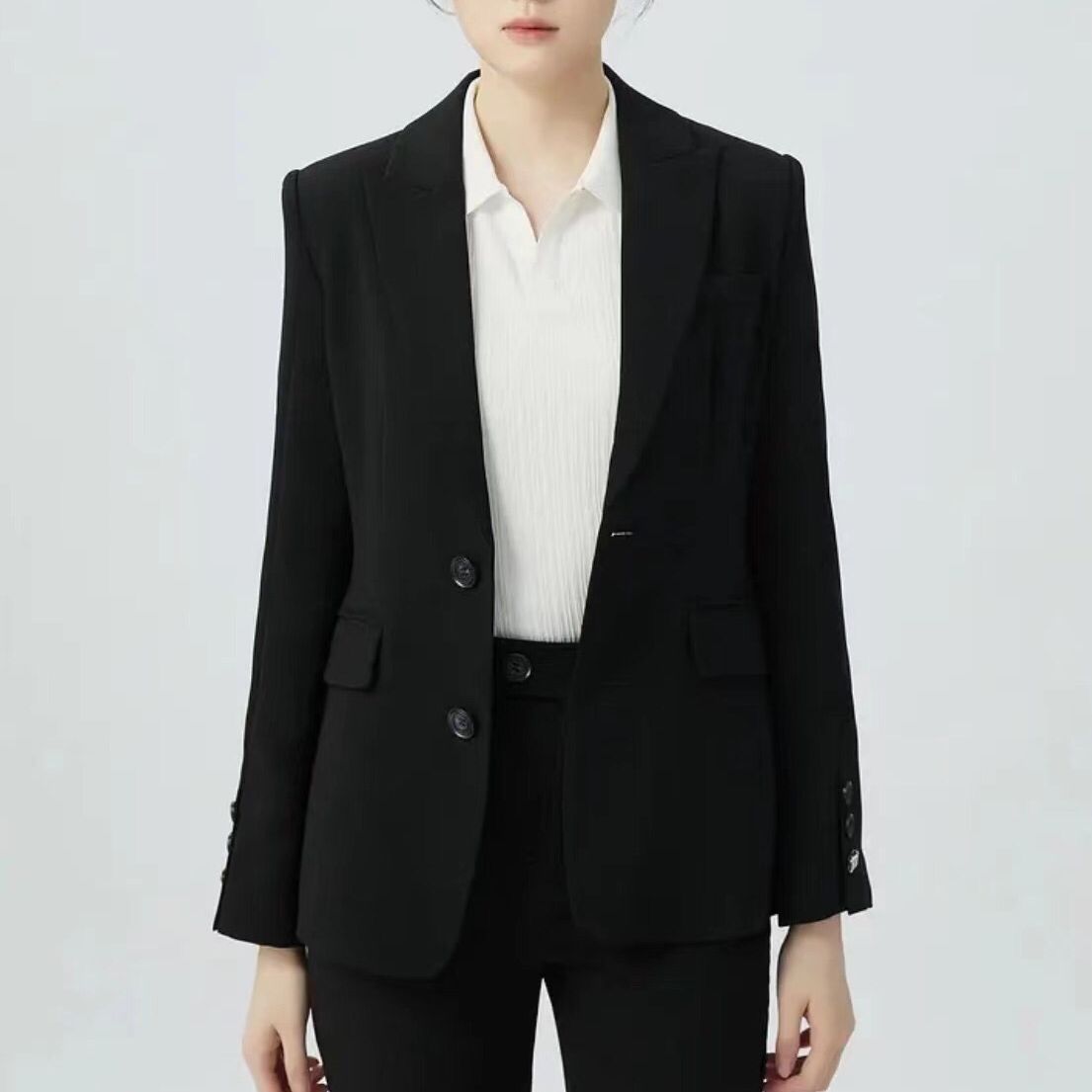 哥家新款女装2024秋冬季百搭黑色修身长袖两粒扣西装外套女士上衣