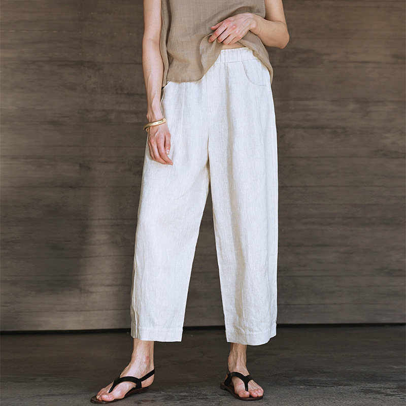 Pure Linen Cropped Pants for Women, High-End Old Money Style Carrot Pants, Loose Straight-Leg Pants, Linen Long Pants, Petite Lantern Pants