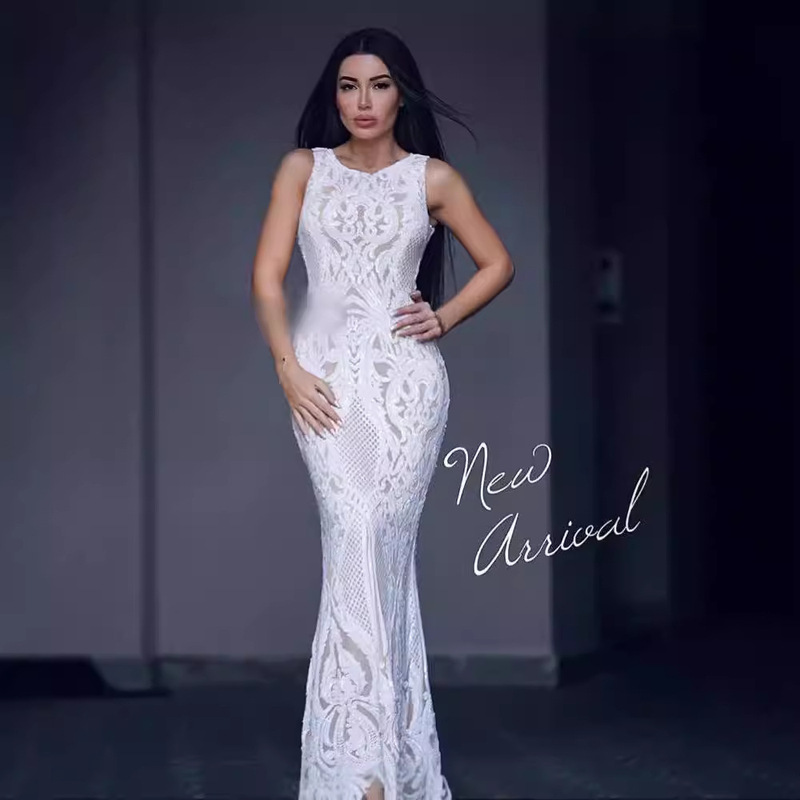 2024 New Apricot Mesh Black and White Sequin Long Dress High-end Evening Dress VIP Toast Western-style Party Wedding Evening Dress