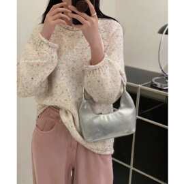 温柔风彩色点点花纱毛衣女秋冬宽松慵懒卷边圆领杂色针织衫上衣厚