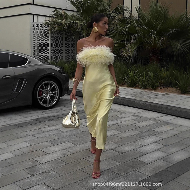 2025 Cross-Border Spring and Summer New European and American Women's One-Shoulder Evening Dress Feather Socialite Dress Banquet Elegant Long Dress