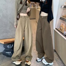 卡其色美式工装裤子女款2024春秋新款高腰显瘦宽松休闲运动阔腿裤