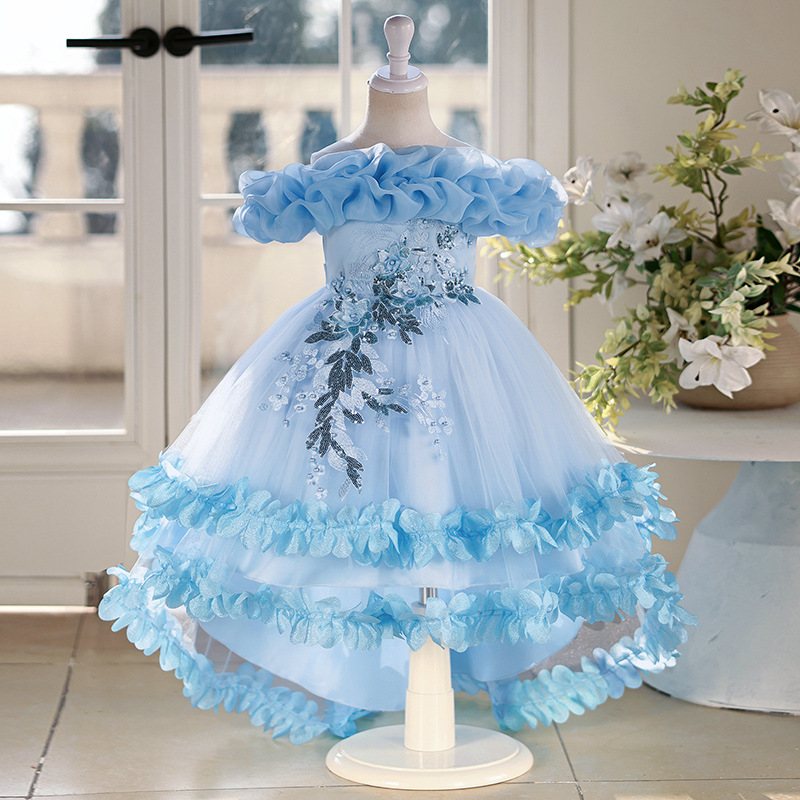 Vestido de niñas vestido de princesa de cola floral vestido de novia niños anfitriones de piano vestido de boda de verano