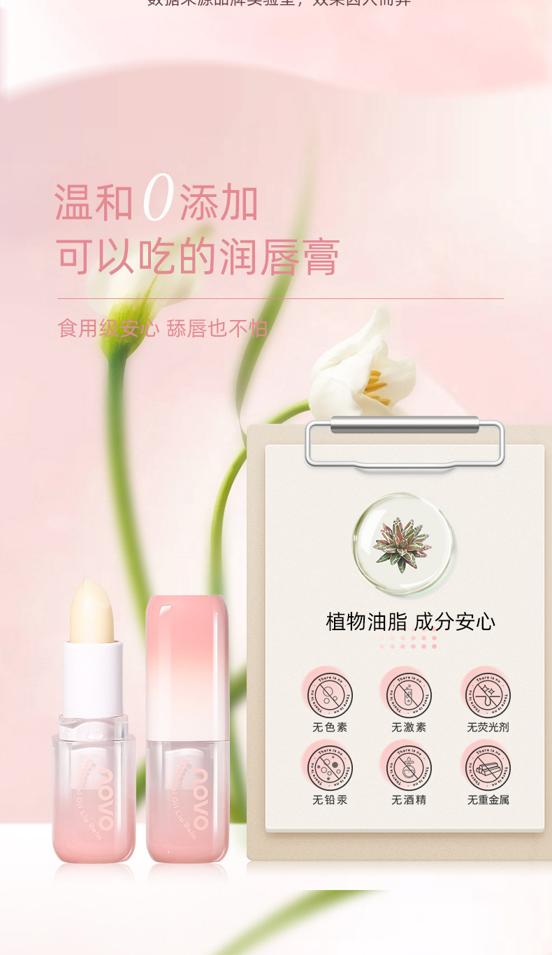 NOVO Plant-based Cleansing Lip Balm Moisturizes and hydrates, prevents dryness and cracking, and reduces lip lines. It is a colorless lip balm for the base lip undefined