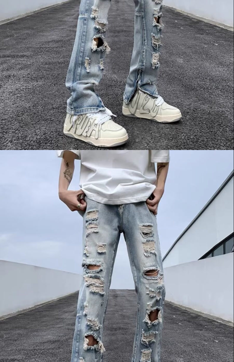 boy Style Vibe Trendy Brand European And American Ins High Street Ripped Jeans Men's Zipper Split Beggar Pants_viptrois.com