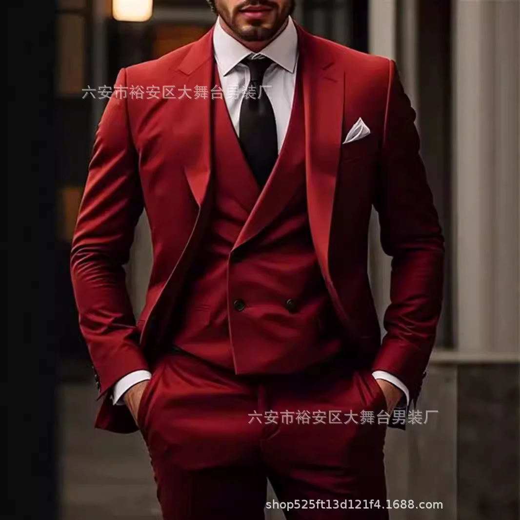 2025亚马逊速卖通新款欧美加肥外贸大码西装三件套新郎伴郎主持人