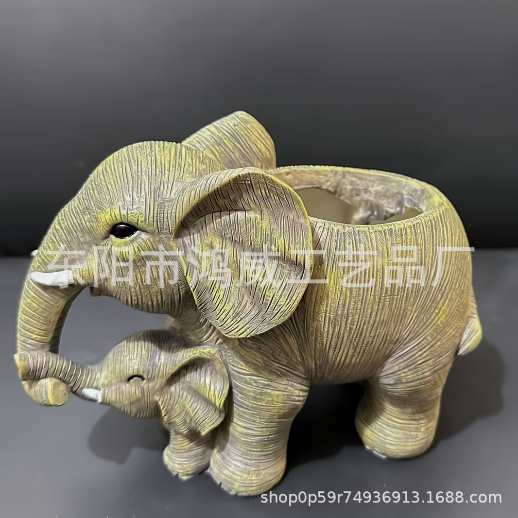 Maceta de Elefantes Madre e Hijo de Resina, Decorativo para Hogar y Jardín