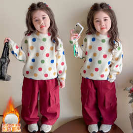 女小童圆领保暖彩色圆点毛衣秋冬款加绒加厚幼儿中小童宝宝休闲潮