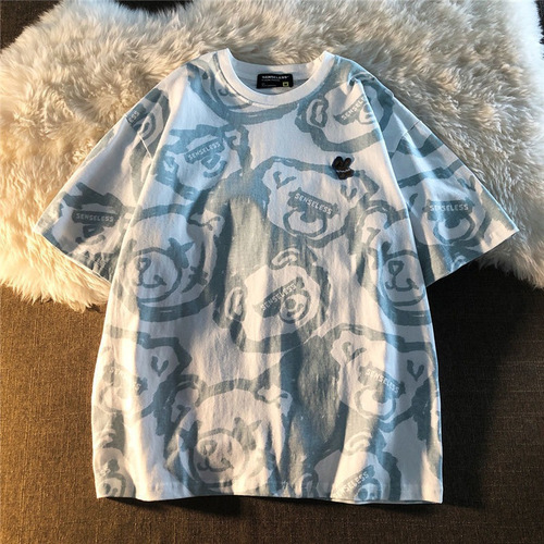 Summer new style 2024 Korean style loose full print bear print short-sleeved T-shirt female students all-matching Harajuku style top