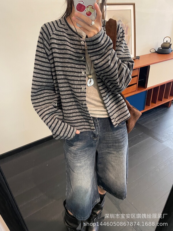 琪镌绘制韩系条纹撞色圆领针织开衫女秋季新款百搭毛衣外套25321|undefined
