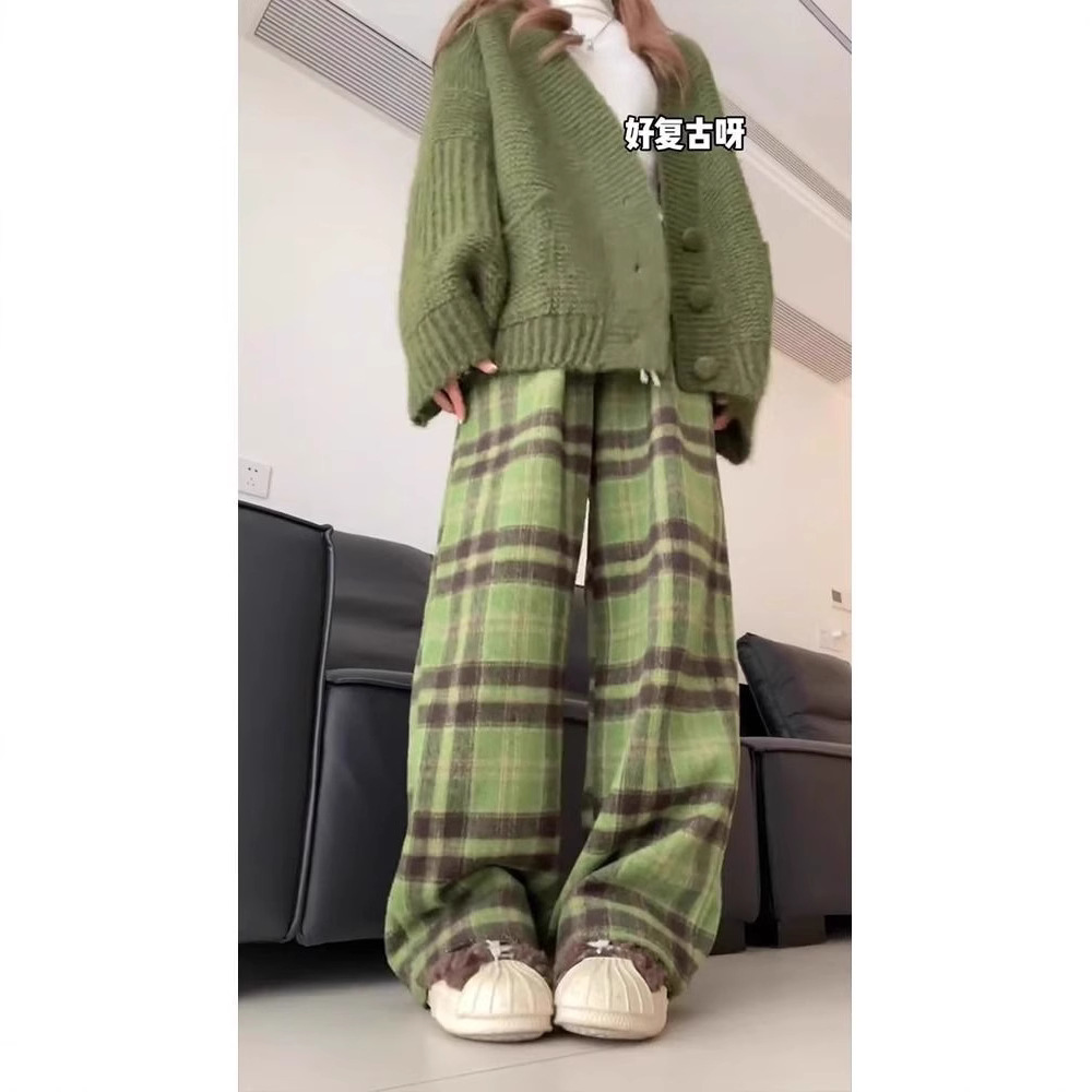 다크 그린 빈티지 격자 무늬 바지 가을과 겨울 새로운 서랍 느슨한 허리 바지 게으른 스타일 바지 겨울 모직 스트레이트 바지