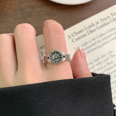 925 Sterling Silver Clock Retro Personalized Ring for Women, Pop Star Accessory, Open Mouth Pure Silver Ring, Non-Fading, Unique