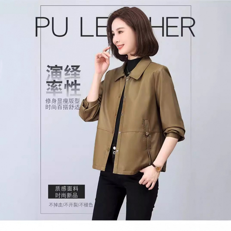 海宁女款皮衣春季新款短款皮衣外套女宽松小个子皮夹克翻领上衣女|undefined