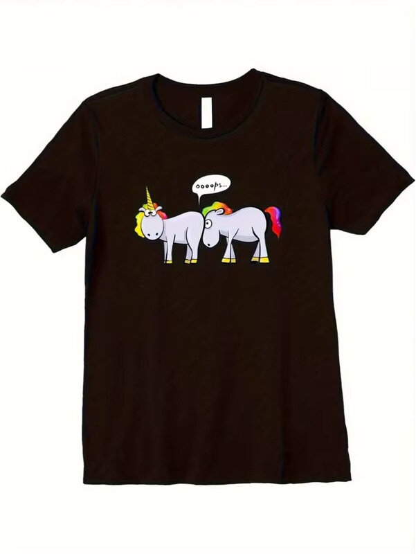 Men's and Women's Black Breathable Short-Sleeve T-Shirts with White Cartoon Horse and Jockey Print, Casual Crew Neck