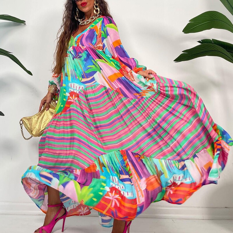 Oversized V-neck Printed Dress 2024 Spring and Summer New Retro French Court Style Pleated Long-sleeved Loose dress