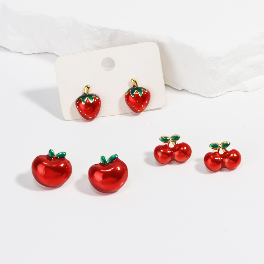 8g Weight Copper Ear Needle Material Ear Studs Classification 1 Pair Quantity Holiday, Daily Occasion Copper Material Cherry, Apple, Strawberry Pattern All Seasons Season Women's Gender Enamel Design Cute Style 1 Pair Cute Cherry Apple Strawberry Enamel Copper Ear Studs 13