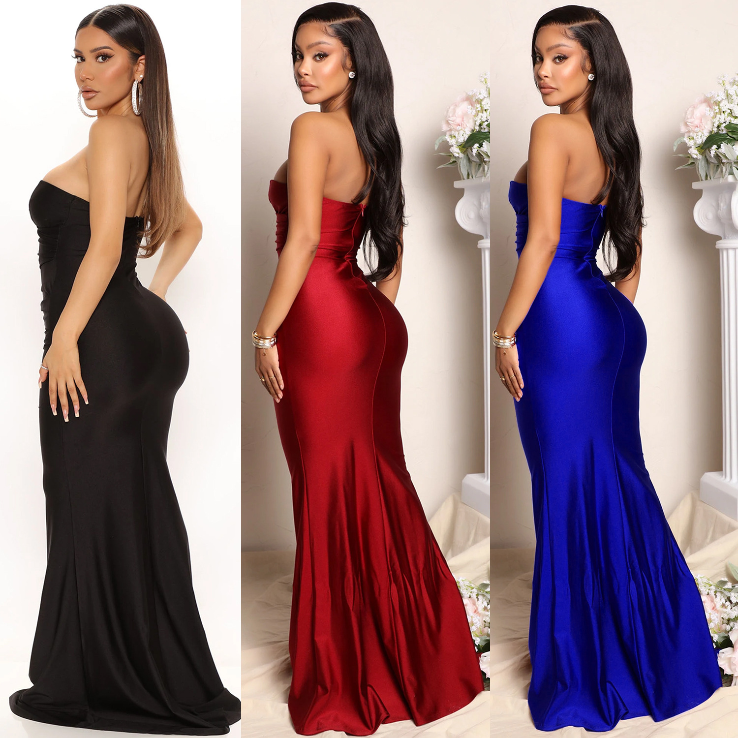 Women's Sheath Dress Fashion Strapless Patchwork Sleeveless Solid Color Maxi Long Dress Daily display picture 2