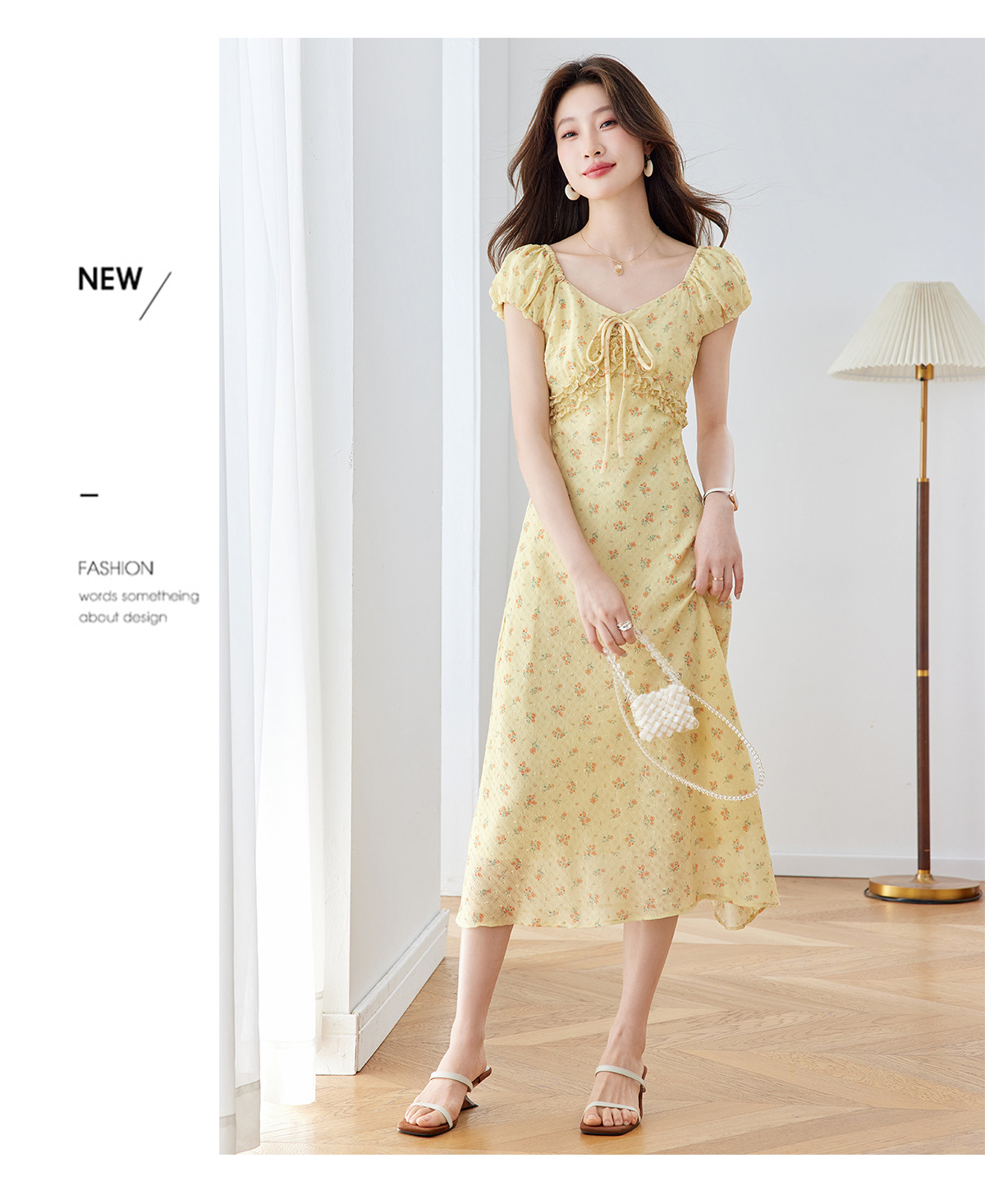 Đầm maxi nữ thắt eo cổ V họa tiết hoa nhí phong cách Pháp — màu vàng, màu đỏ chi tiết 13