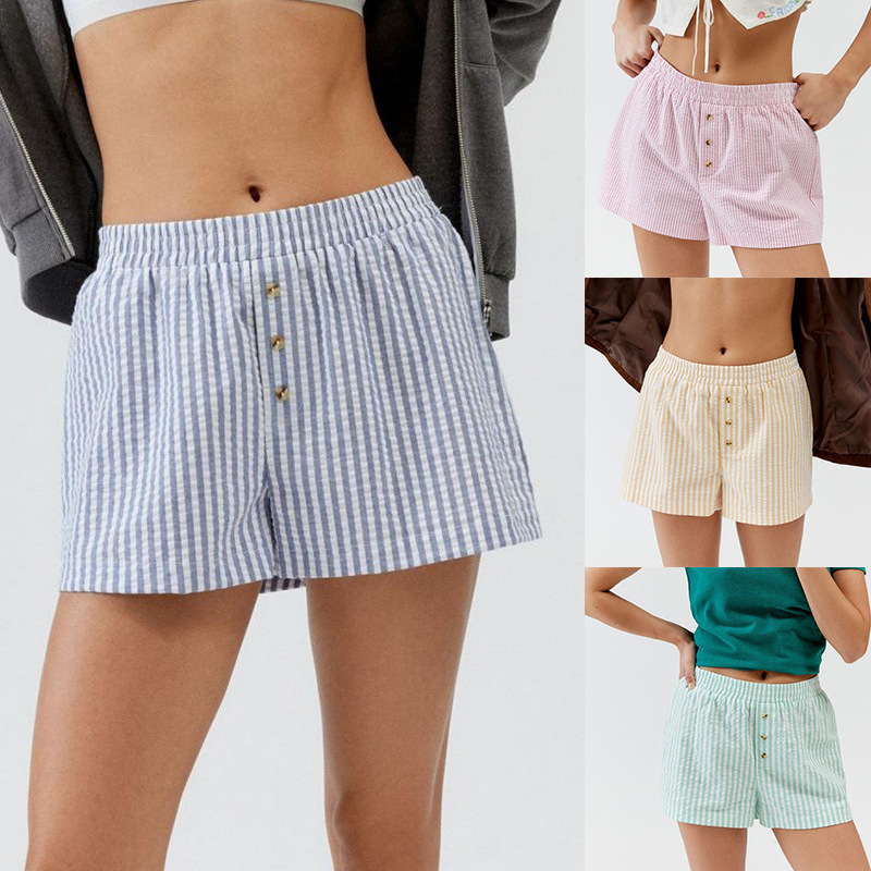 2025 Spring and Summer European and American Cross-border New Women's Clothing Amazon Hot Selling Striped Plaid Button Casual Commuter Shorts for Women