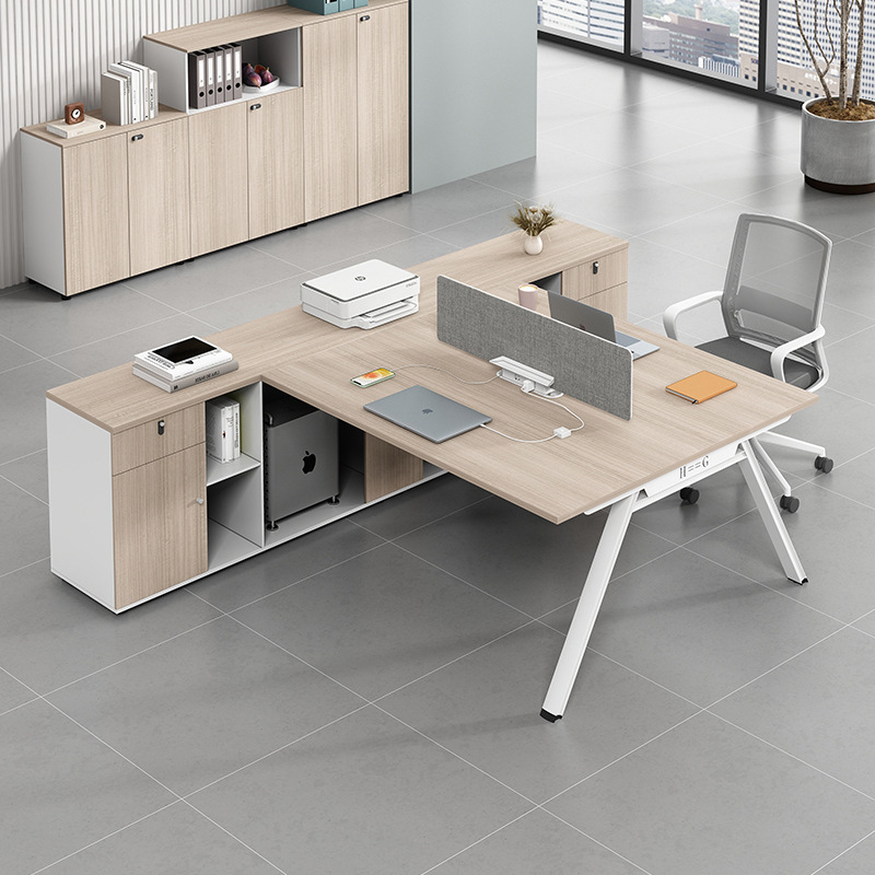 Financial Office Desk and Chair Combination Double Sitting Face to Face Staff Desk 2 People 4 People with Storage Cabinet T-Shaped Staff Station