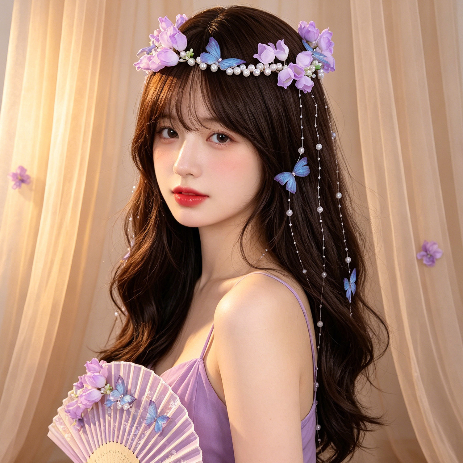 Sweet Purple Butterfly Wreath Bridal Headpiece with Long Tassels, Artificial Flower Headband, Wedding Hair Accessory, Beach Travel Photography Prop