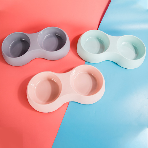 Pet Stainless Steel Double Bowl Dog Feeding Supplies Macaron Color Leather Texture Cat Bowl Oval Simple Double Bowl Wholesale