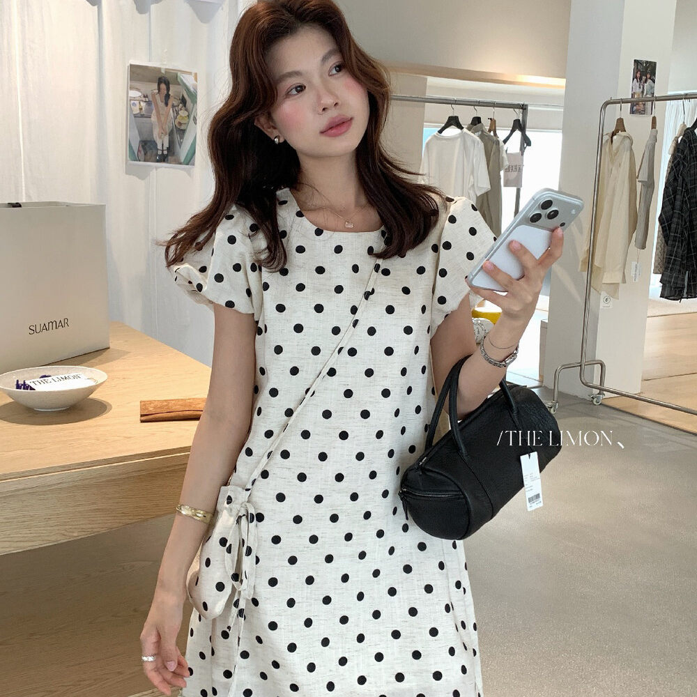 Đầm maxi nữ chất liệu tencel linen chấm bi tay bồng cổ điển — Gai mè
